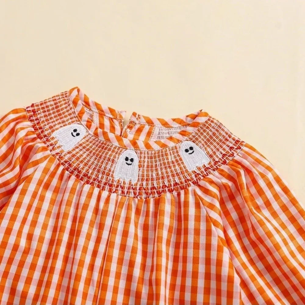 NWOT Baby Halloween Puff Sleeve Ghost Print Smocked Plaid Romper Jumpsuit U50